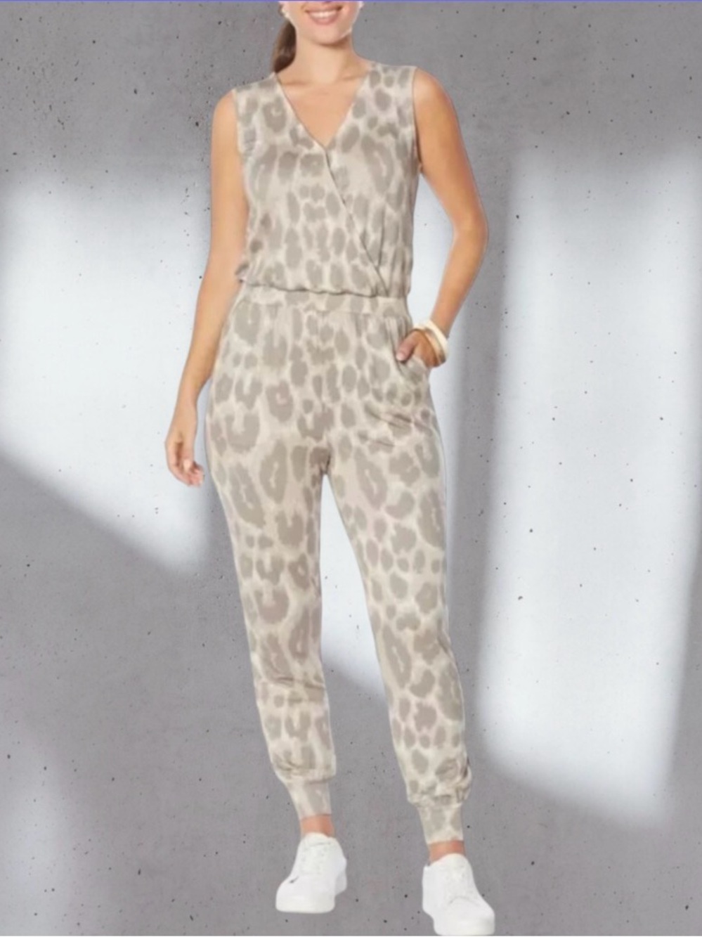 LounGy by Giuliana So Soft Grey Leopard Print Knit Jogger Jumpsuit XXSP - NWOT